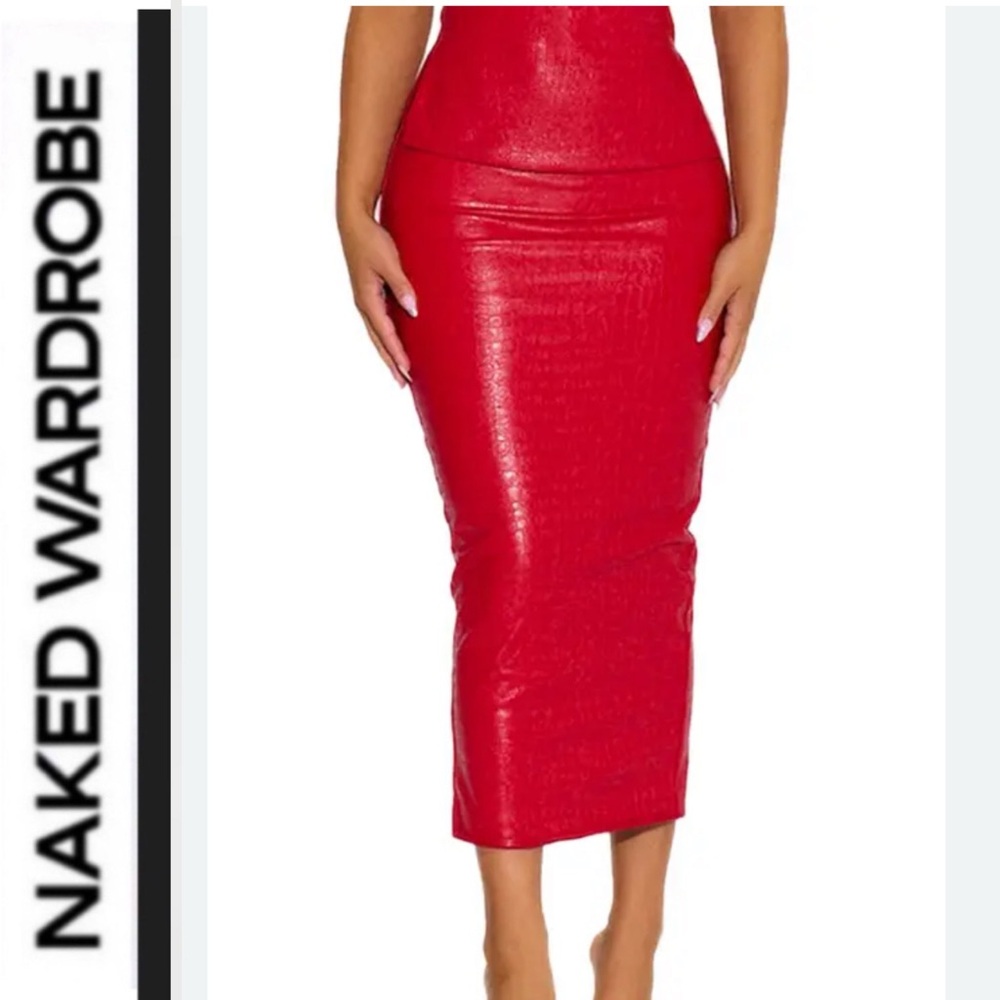 Naked Wardrobe ♥️ Red Croc Faux Leather Midi Pencil Skirt